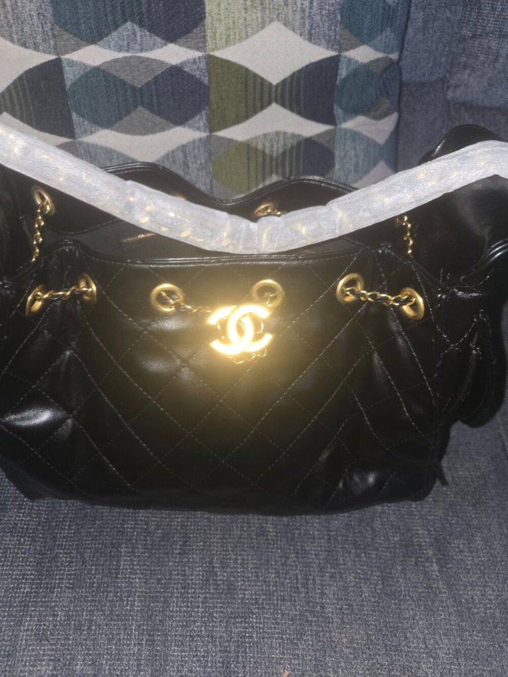 Black Quilted Leather Shoulder Bag with Gold Hardware